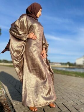 Metallic Bronze Maxi Dress with Draped Sleeves